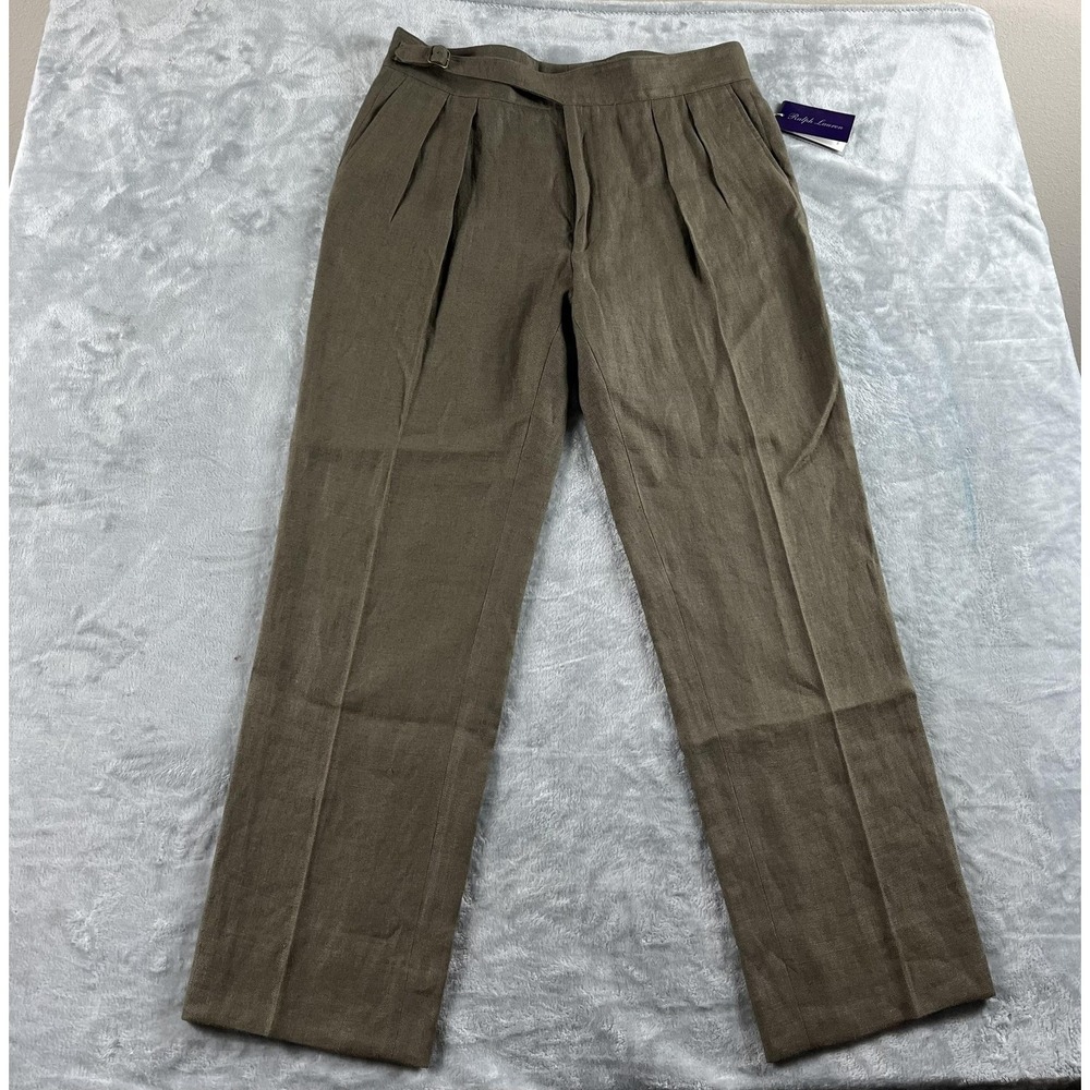 Ralph Lauren Purple Label Pants Mens 38x30 Olive Linen Pleated Italy Made READ